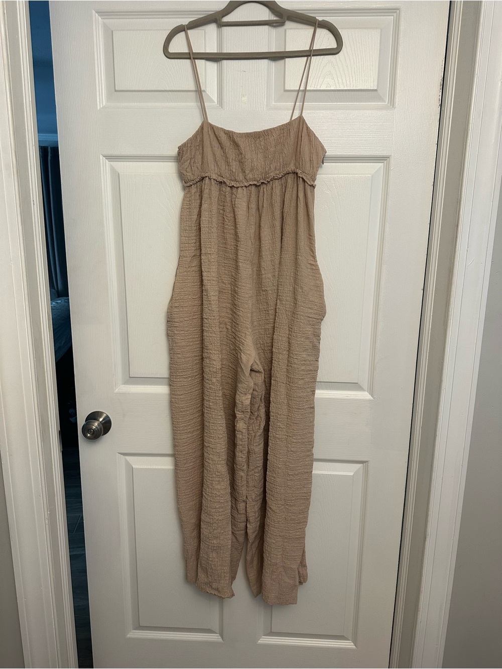 Zara Beige Crinkled Babydoll Maxi Romper
